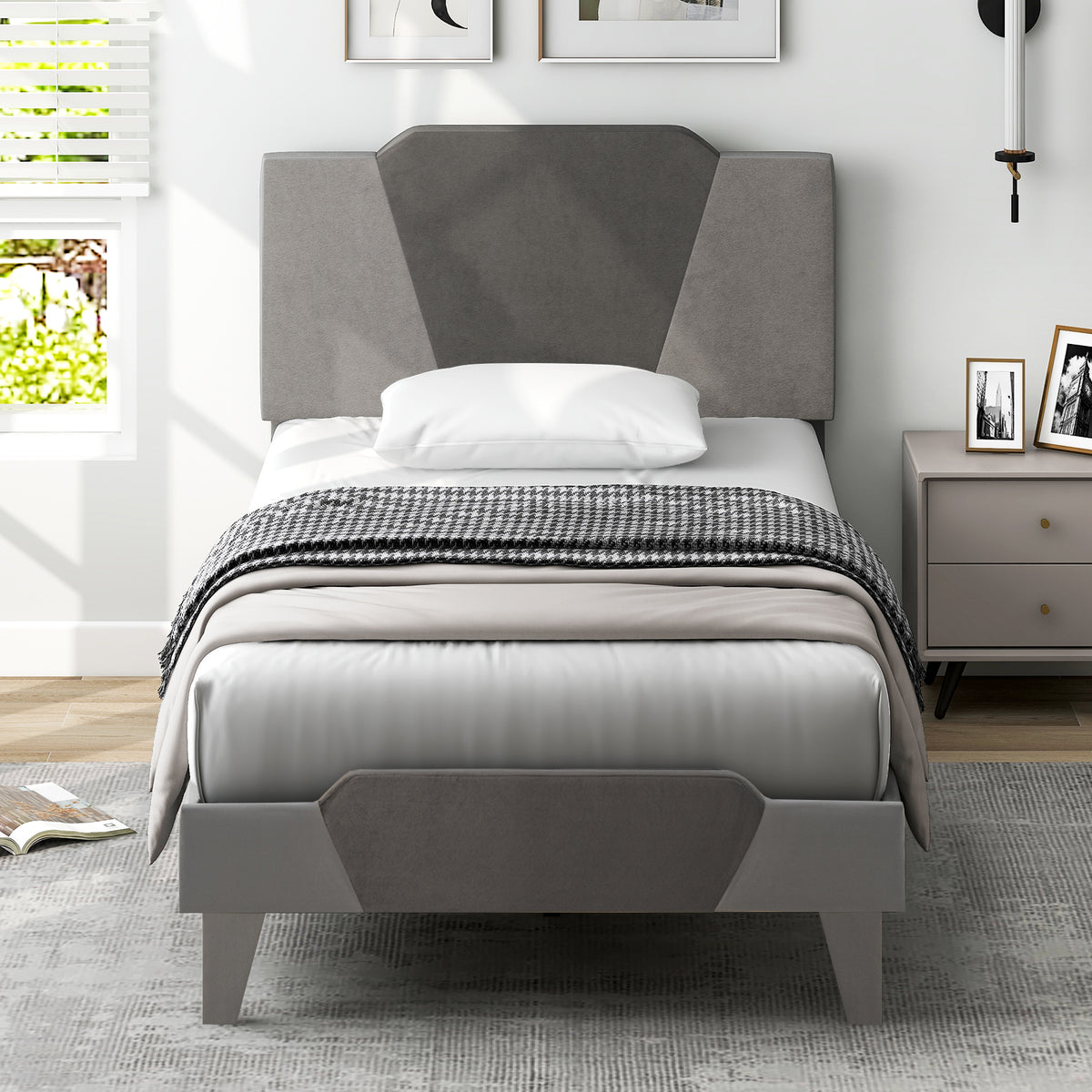 Full/Queen/Twin Velvet Upholstered Bed Frame with High Headboard-Twin Size-Simple Bed Frame-DECOROLALA
