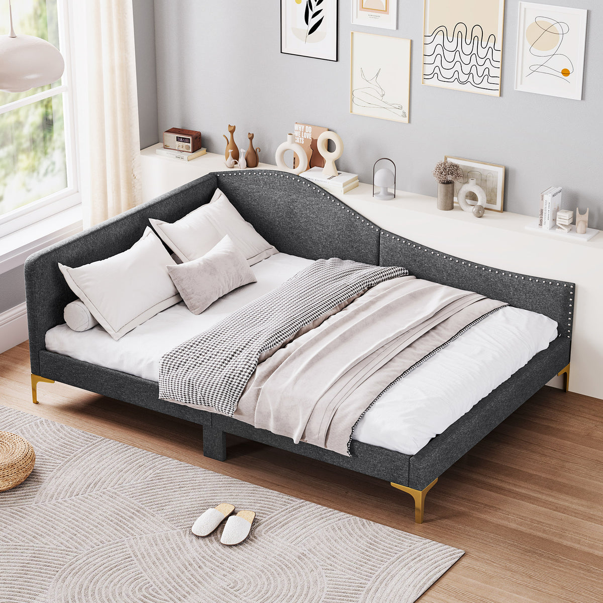 Full/Twin Size Rivet-Tufted Platform Bed with Metal Legs and Wood Slats-Full Size-Simple Bed Frame-DECOROLALA