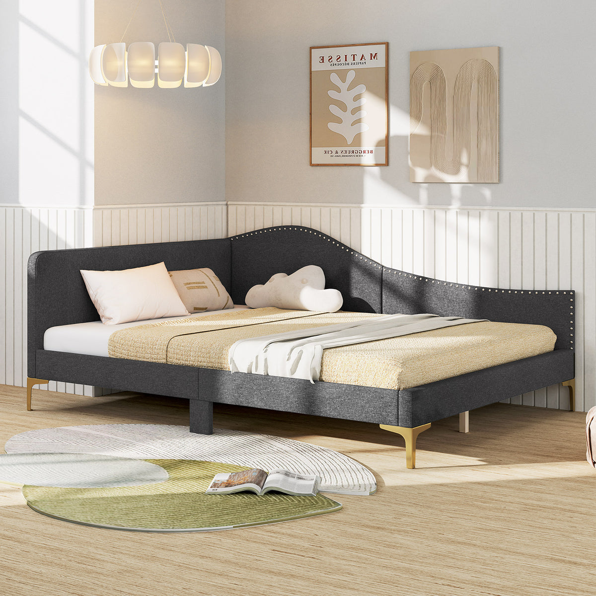 Full/Twin Size Rivet-Tufted Platform Bed with Metal Legs and Wood Slats-Full Size-Simple Bed Frame-DECOROLALA
