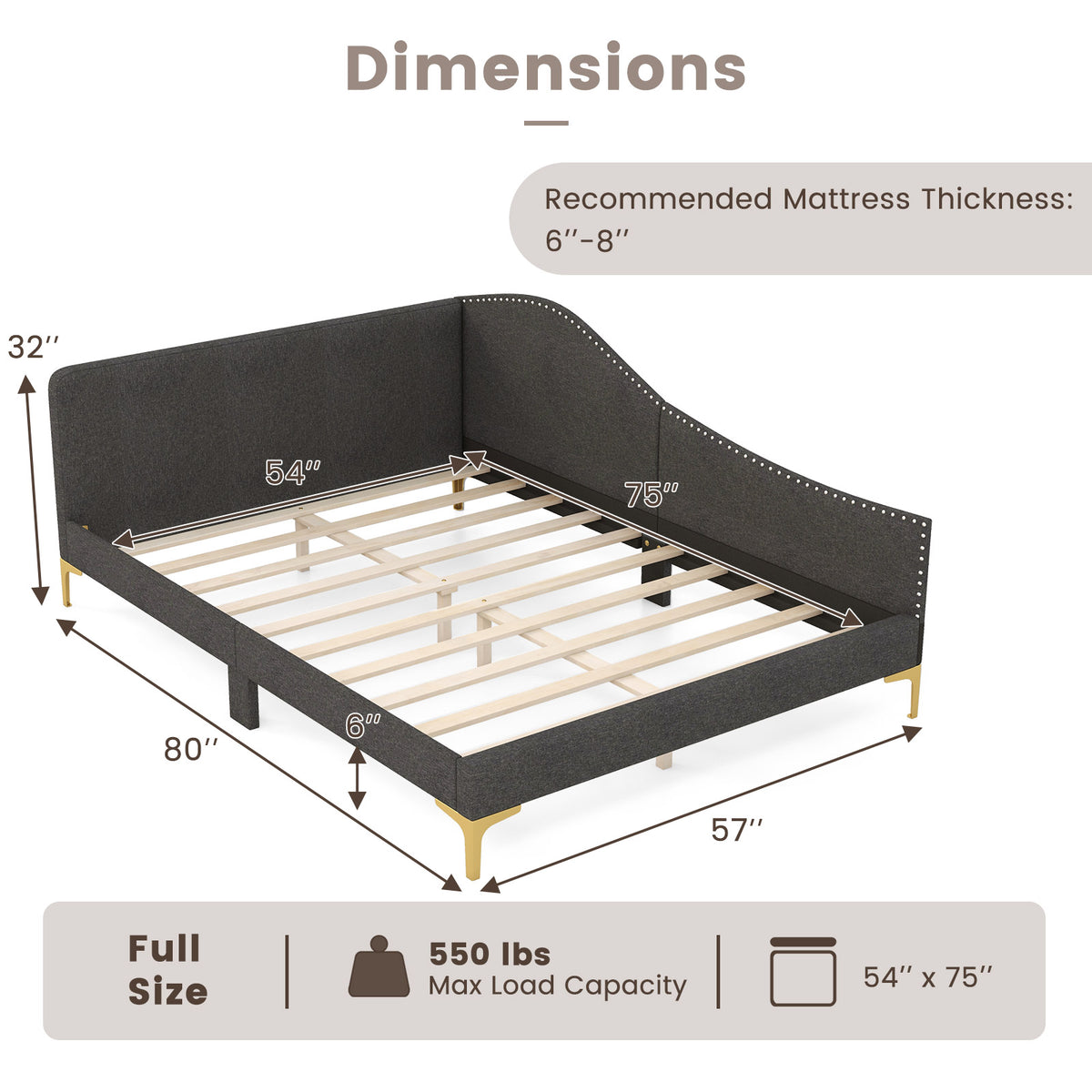 Full/Twin Size Rivet-Tufted Platform Bed with Metal Legs and Wood Slats-Full Size-Simple Bed Frame-DECOROLALA