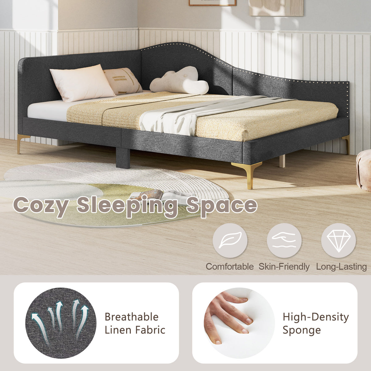 Full/Twin Size Rivet-Tufted Platform Bed with Metal Legs and Wood Slats-Full Size-Simple Bed Frame-DECOROLALA