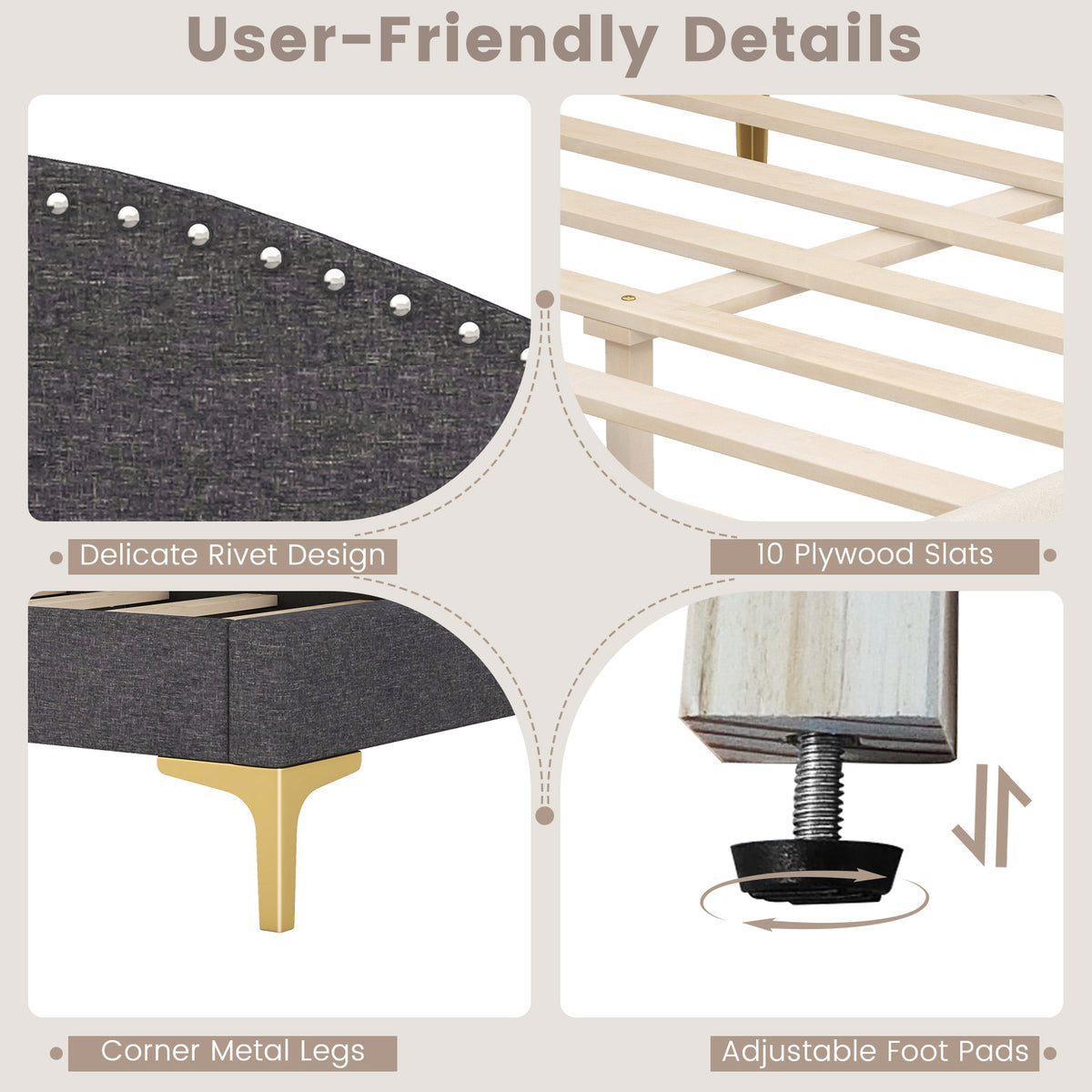 Full/Twin Size Rivet-Tufted Platform Bed with Metal Legs and Wood Slats-Full Size-Simple Bed Frame-DECOROLALA