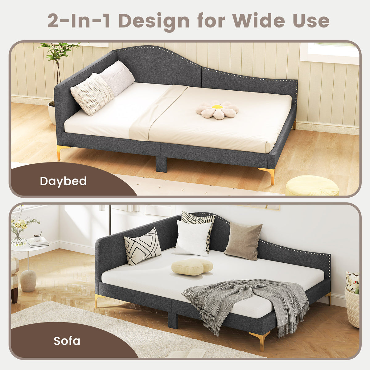 Full/Twin Size Rivet-Tufted Platform Bed with Metal Legs and Wood Slats-Full Size-Simple Bed Frame-DECOROLALA