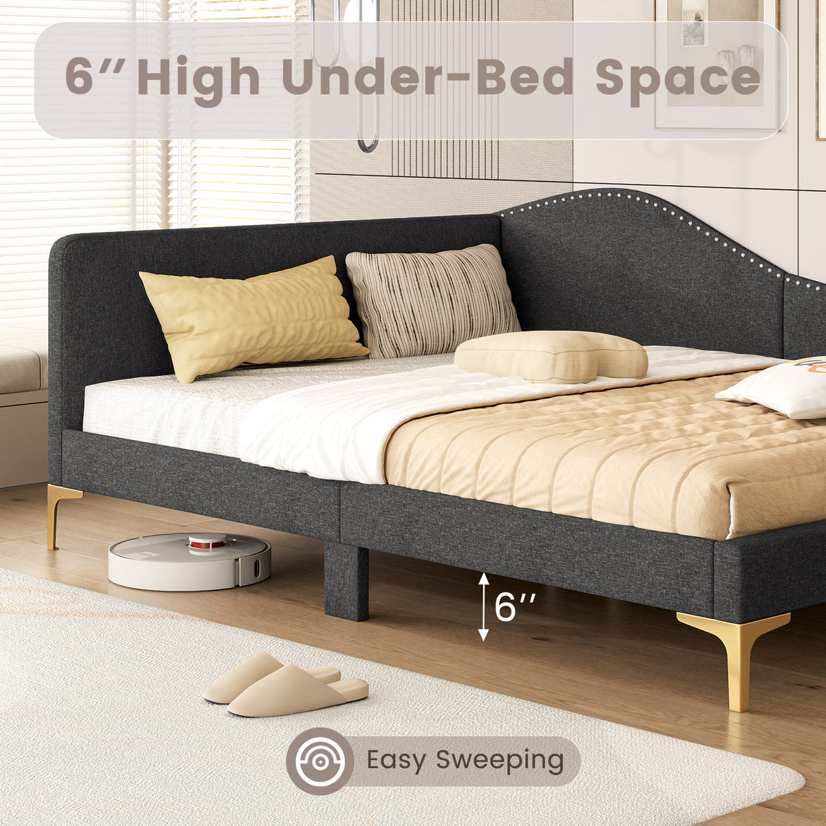Full/Twin Size Rivet-Tufted Platform Bed with Metal Legs and Wood Slats-Full Size-Simple Bed Frame-DECOROLALA