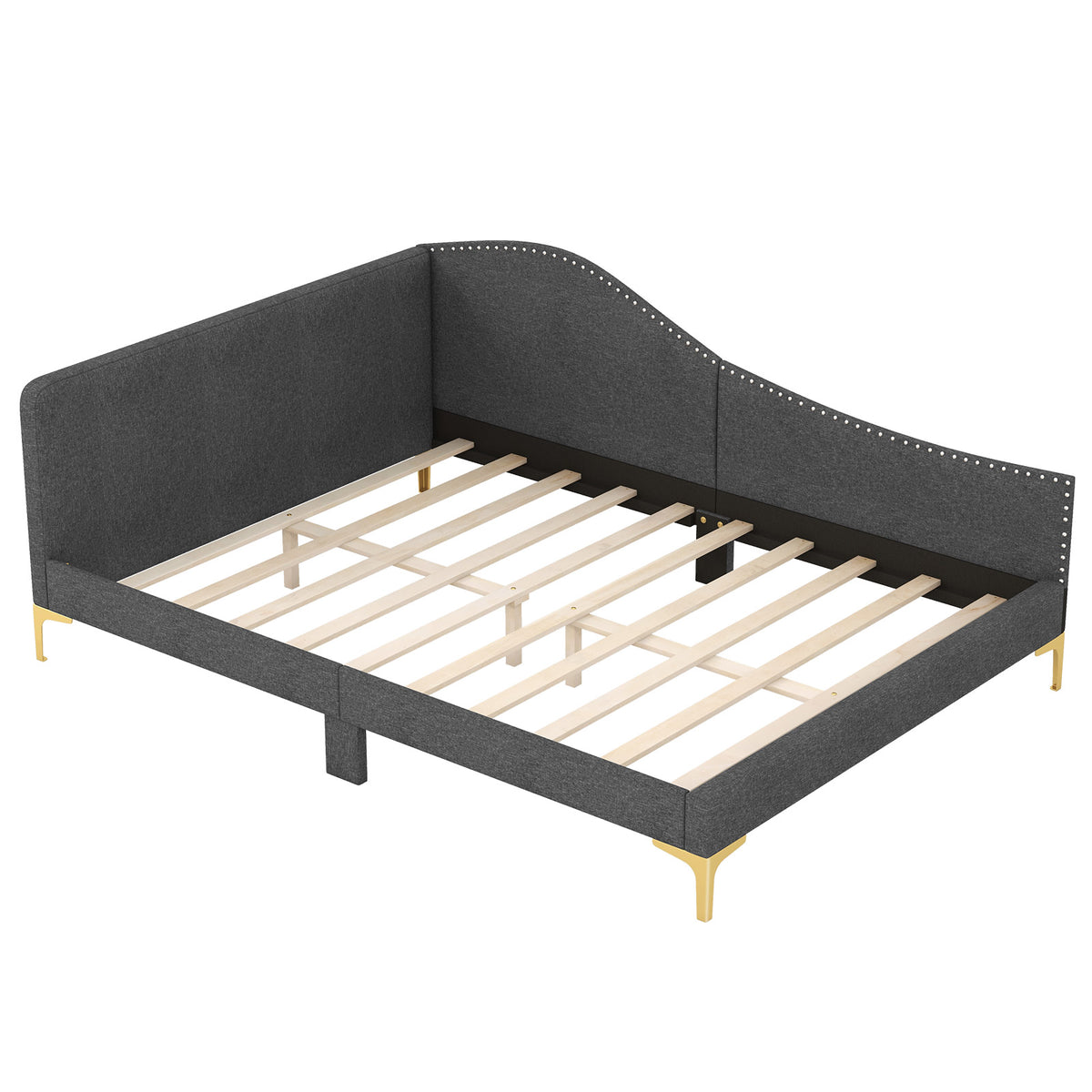 Full/Twin Size Rivet-Tufted Platform Bed with Metal Legs and Wood Slats-Full Size-Simple Bed Frame-DECOROLALA