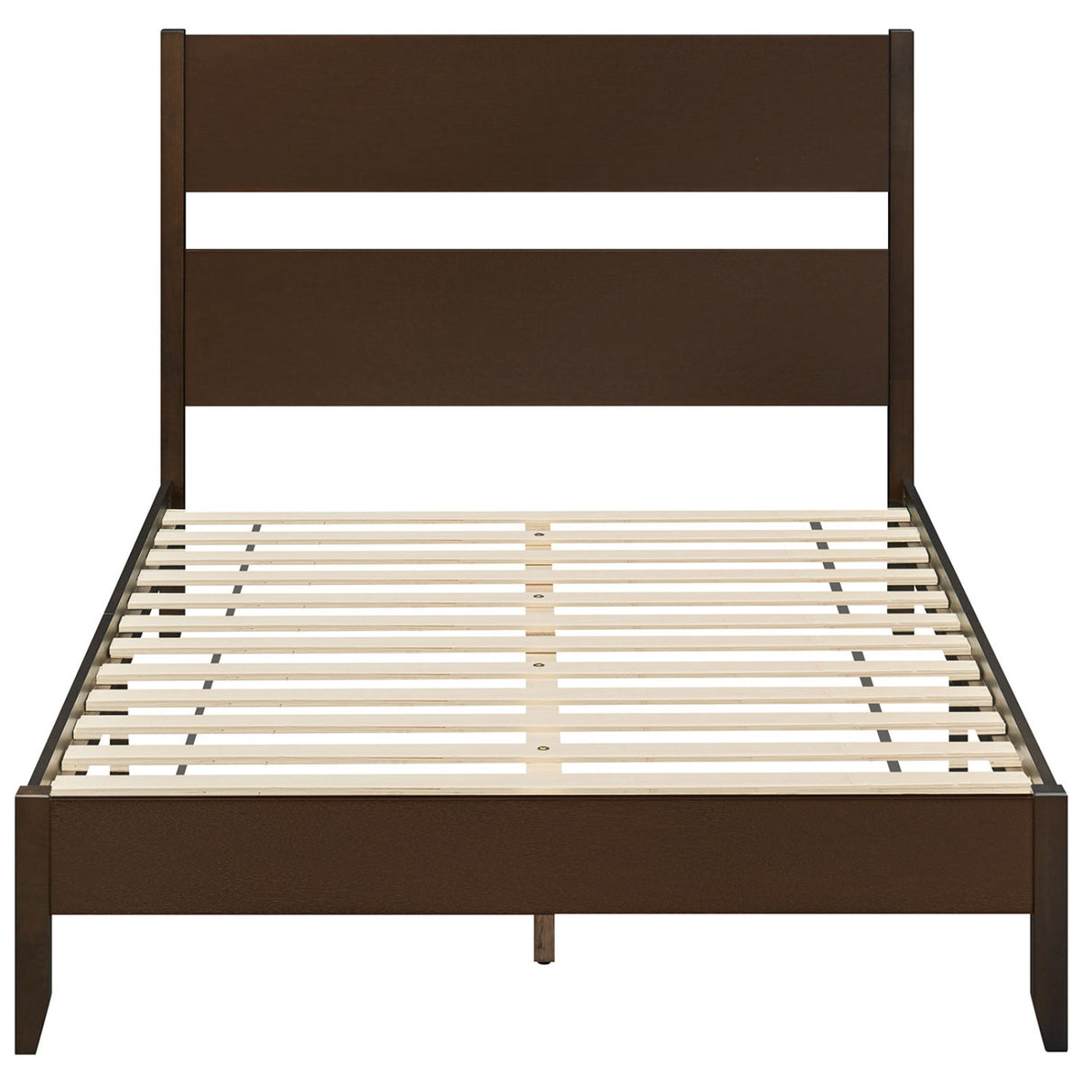 Full Bed Frame with Headboad and Solid Wood Legs 12 Slats-Dark Walnut-Beds & Bed Frames-DECOROLALA