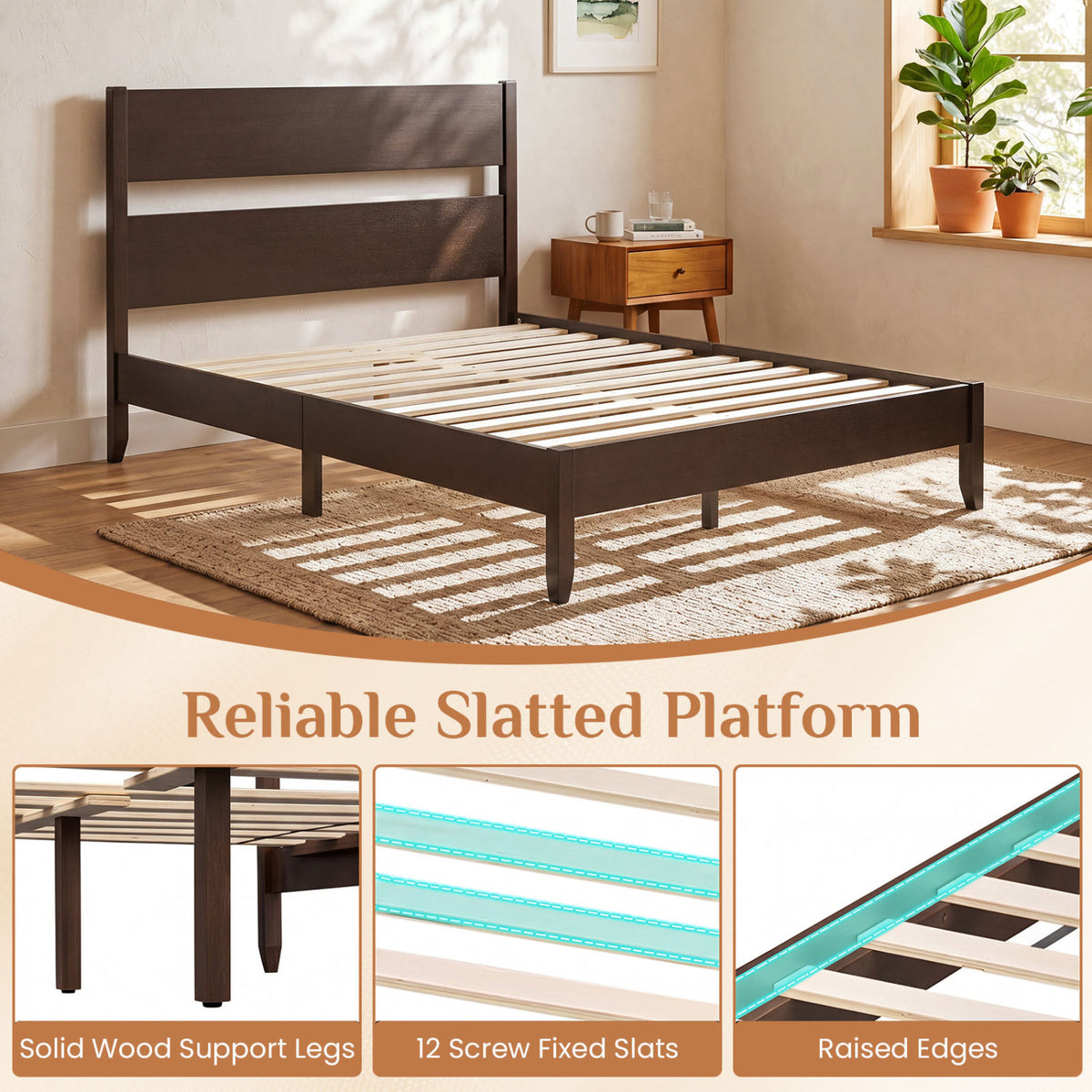 Full Bed Frame with Headboad and Solid Wood Legs 12 Slats-Dark Walnut-Beds & Bed Frames-DECOROLALA