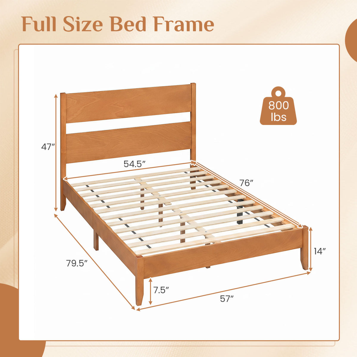 Full Bed Frame with Headboad and Solid Wood Legs 12 Slats-Warm Brown-Beds & Bed Frames-DECOROLALA