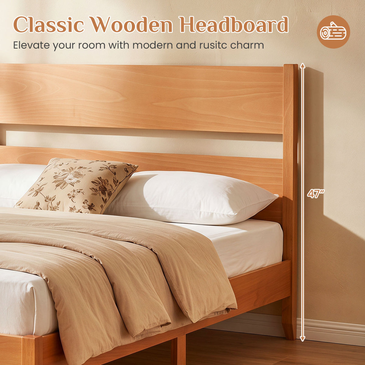 Full Bed Frame with Headboad and Solid Wood Legs 12 Slats-Warm Brown-Beds & Bed Frames-DECOROLALA