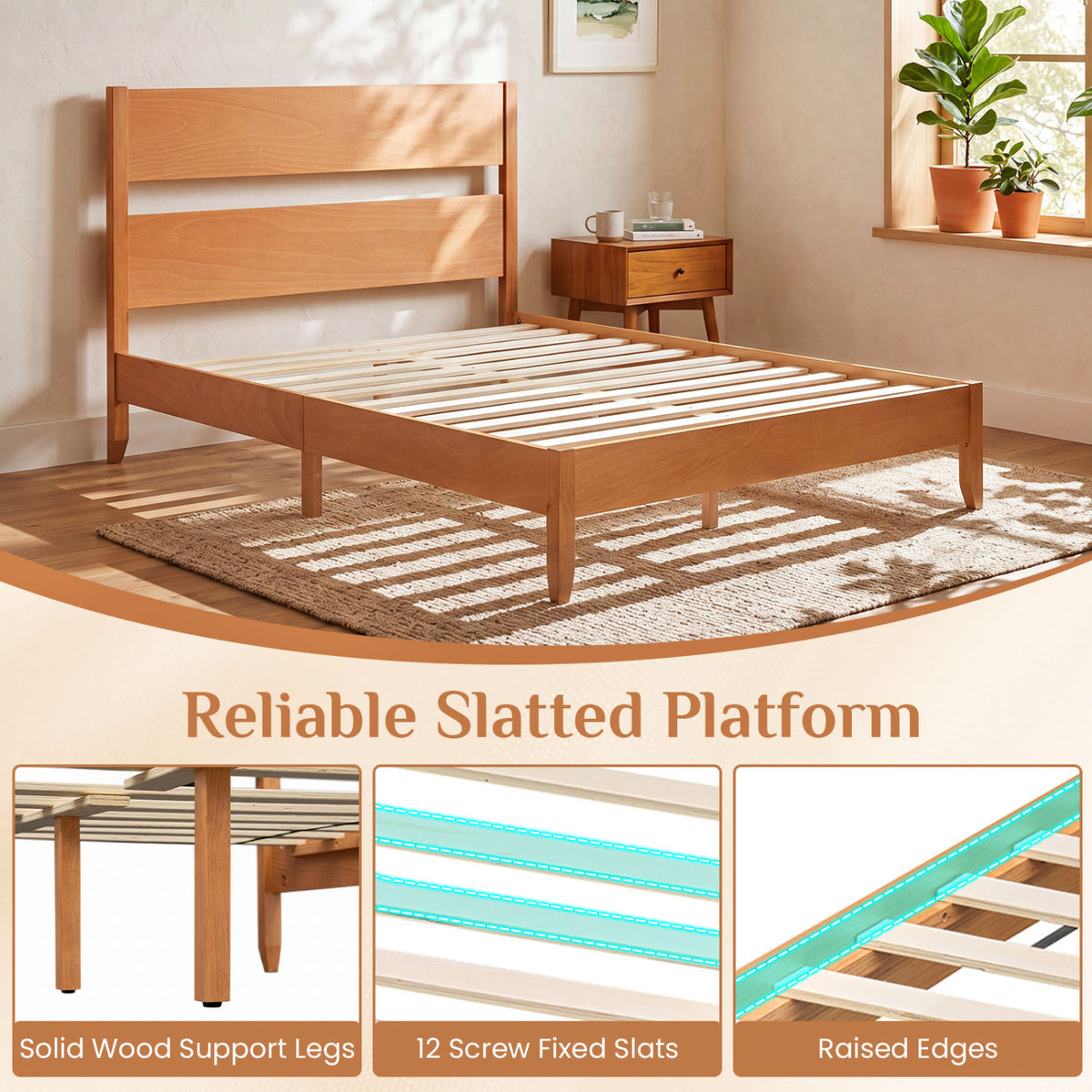 Full Bed Frame with Headboad and Solid Wood Legs 12 Slats-Warm Brown-Beds & Bed Frames-DECOROLALA