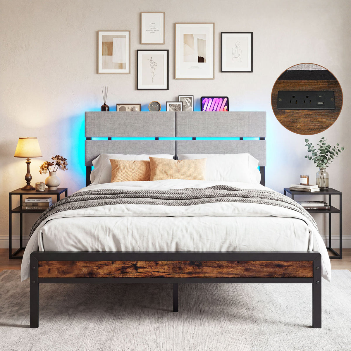 Full Size Metal Bed Frame with LED Lights and Charging Station for Bedroom-Rustic Brown-Simple Bed Frame-DECOROLALA