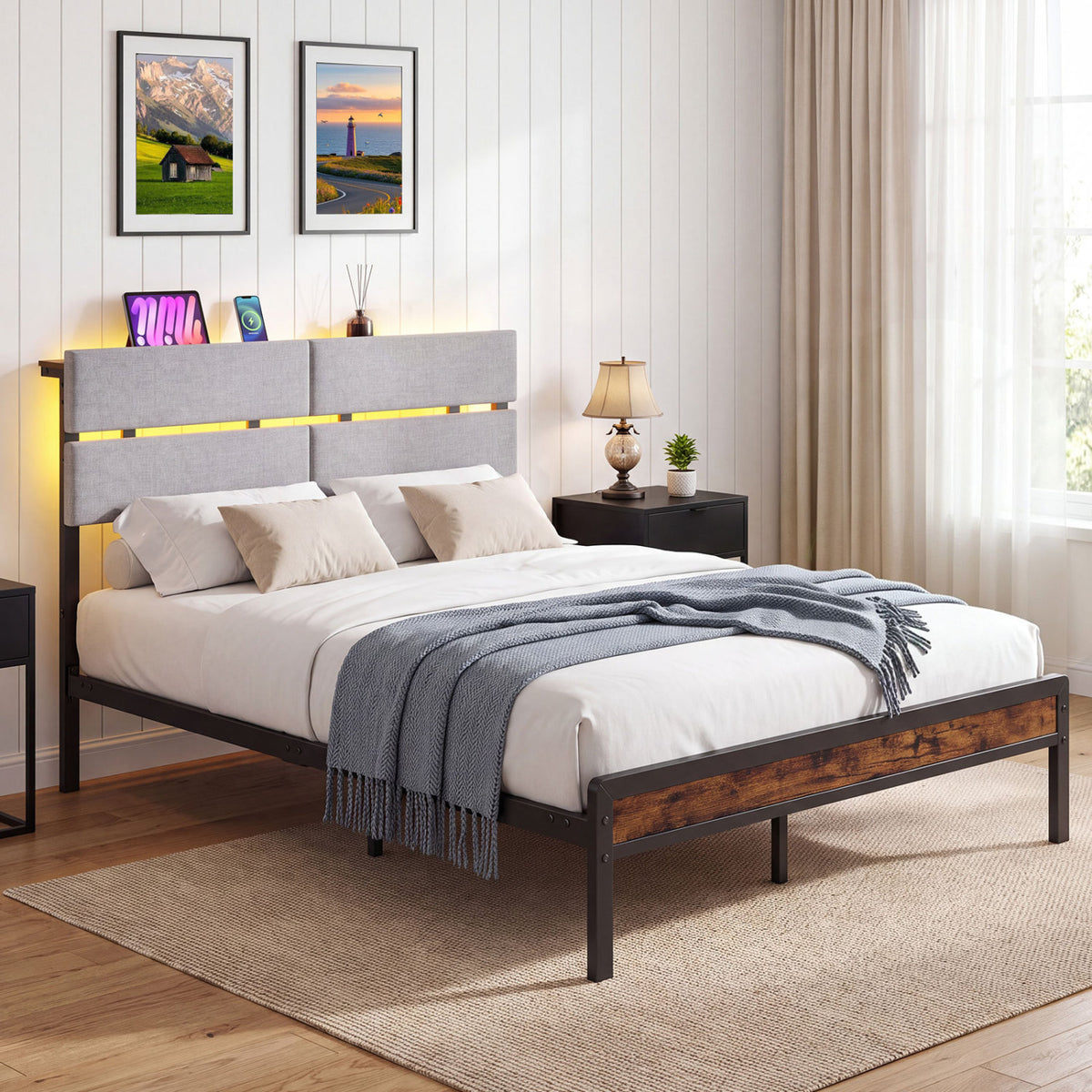 Full Size Metal Bed Frame with LED Lights and Charging Station for Bedroom-Rustic Brown-Simple Bed Frame-DECOROLALA