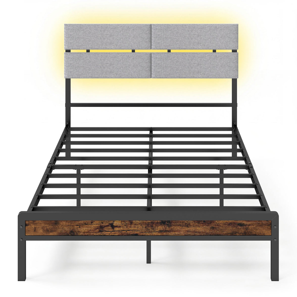 Full Size Metal Bed Frame with LED Lights and Charging Station for Bedroom-Rustic Brown-Simple Bed Frame-DECOROLALA