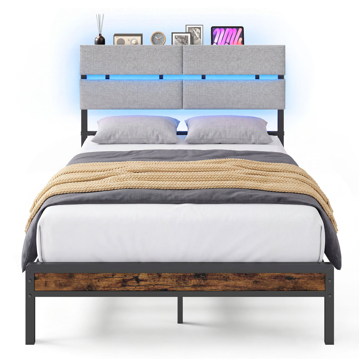 Full Size Metal Bed Frame with LED Lights and Charging Station for Bedroom-Rustic Brown-Simple Bed Frame-DECOROLALA