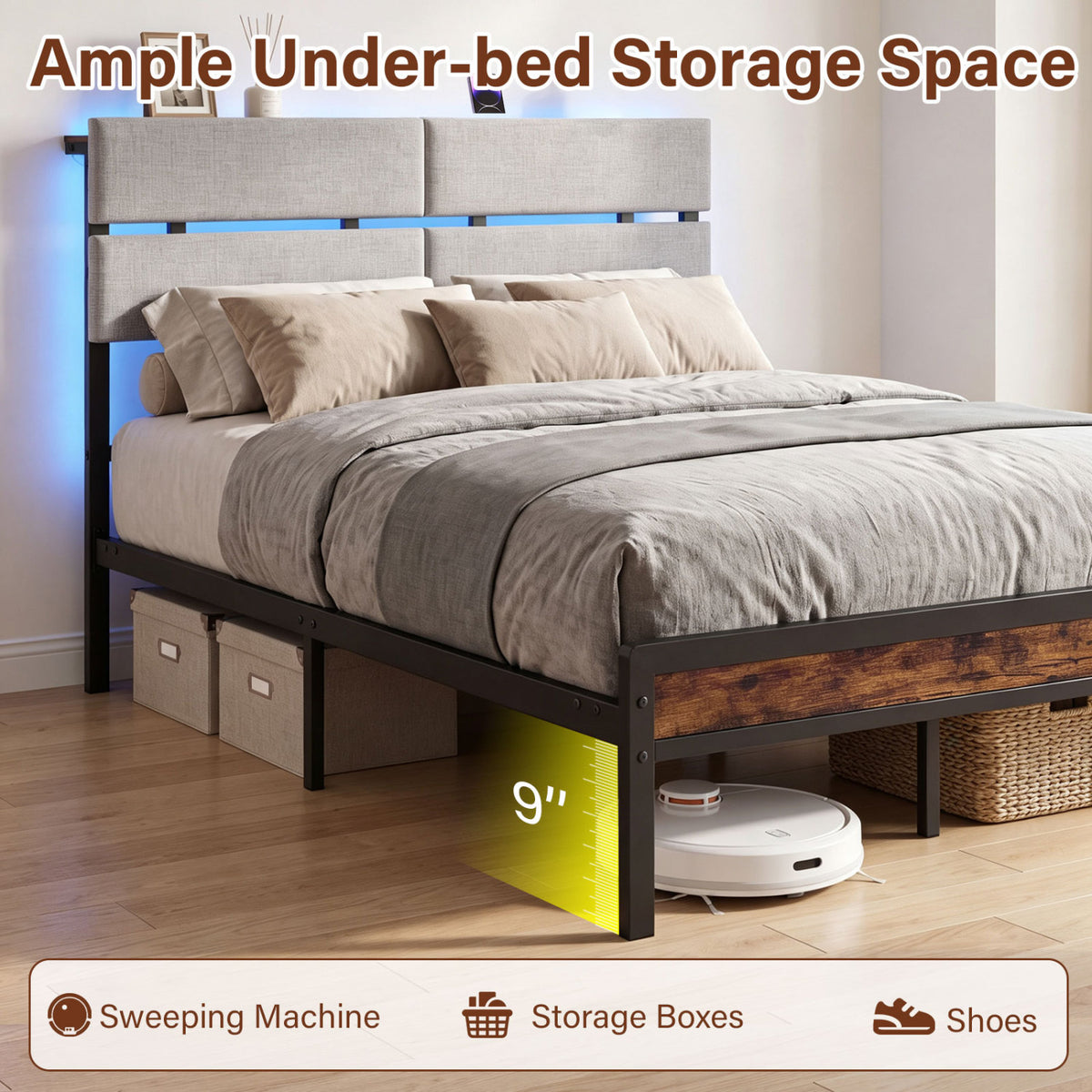 Full Size Metal Bed Frame with LED Lights and Charging Station for Bedroom-Rustic Brown-Simple Bed Frame-DECOROLALA