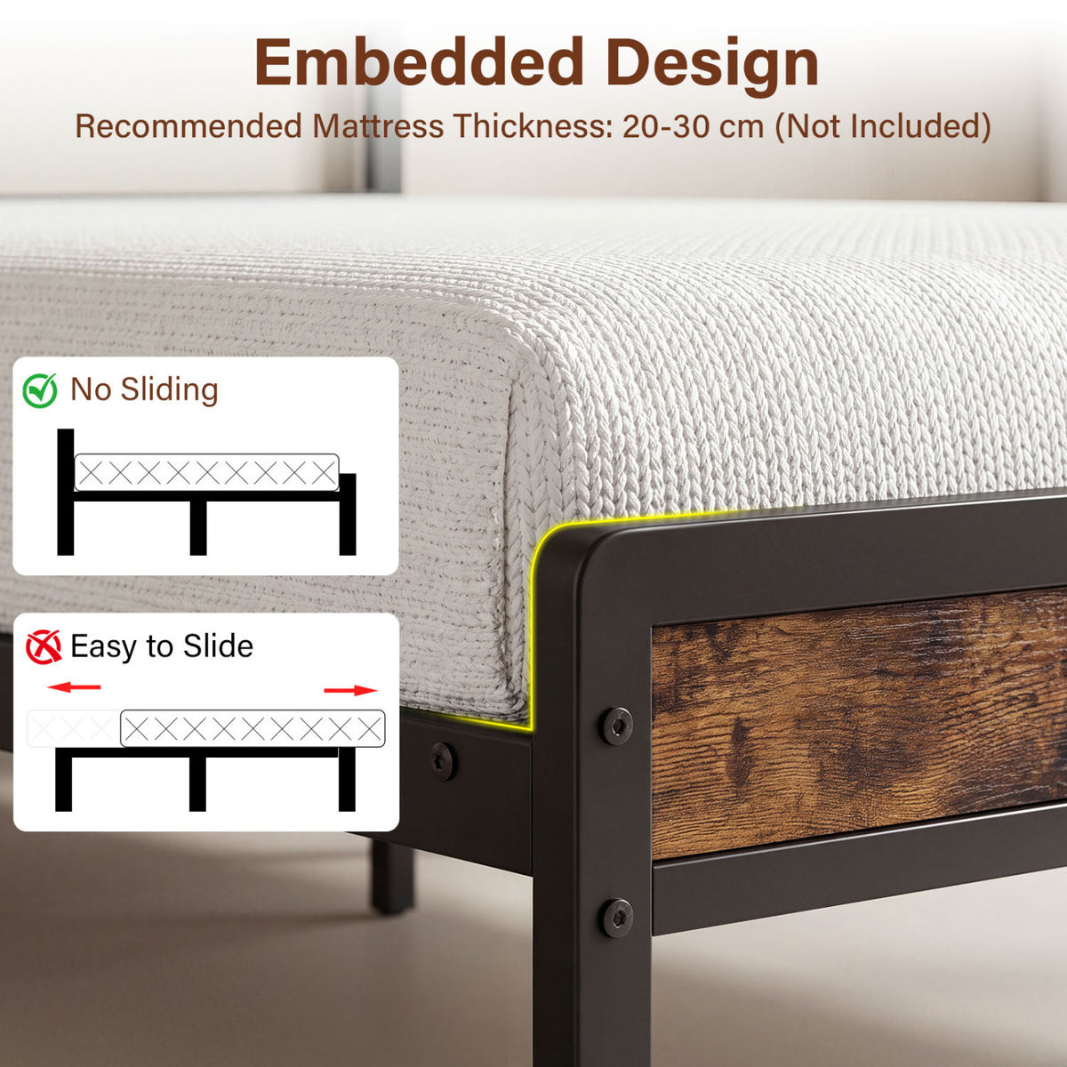 Full Size Metal Bed Frame with LED Lights and Charging Station for Bedroom-Rustic Brown-Simple Bed Frame-DECOROLALA