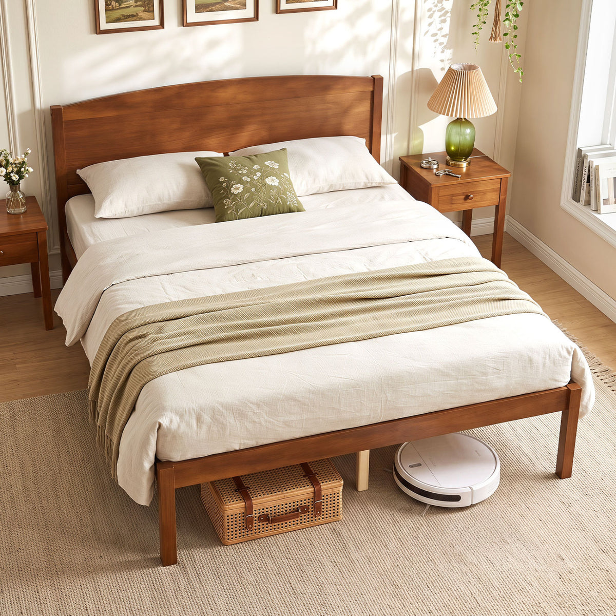 Full Size Wooden Platform Bed Frame with Curved Headboard-Walnut-Beds & Bed Frames-DECOROLALA