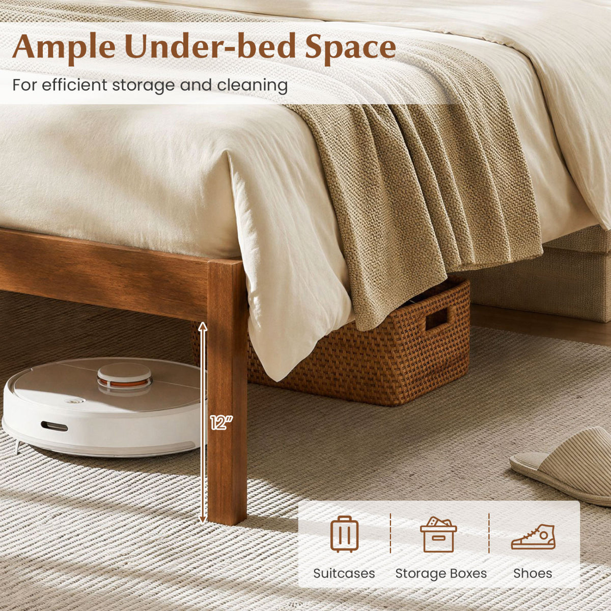 Full Size Wooden Platform Bed Frame with Curved Headboard-Walnut-Beds & Bed Frames-DECOROLALA