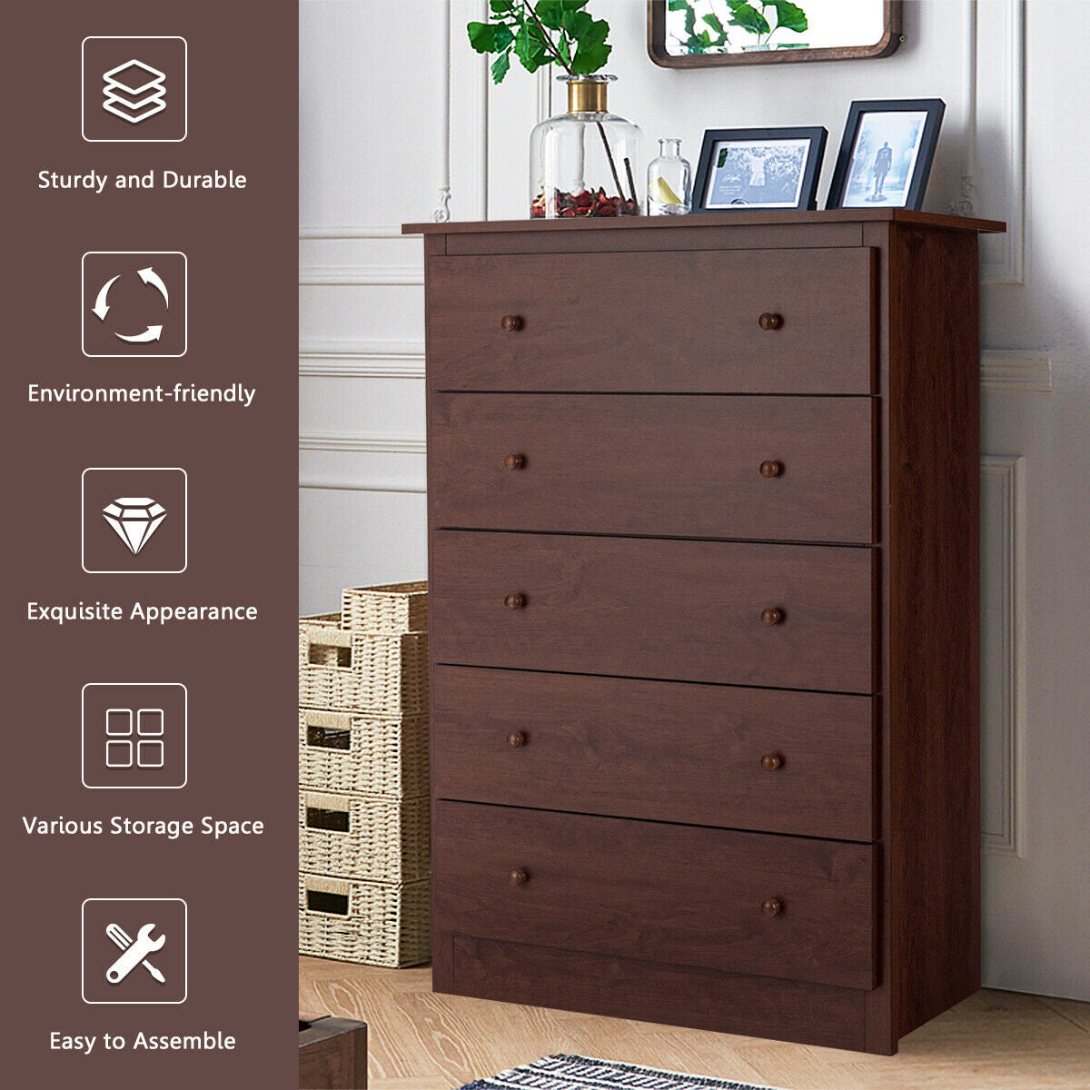 5-Drawer Dresser - Brown (min order qty 2)-Dressers & Chests-DECOROLALA