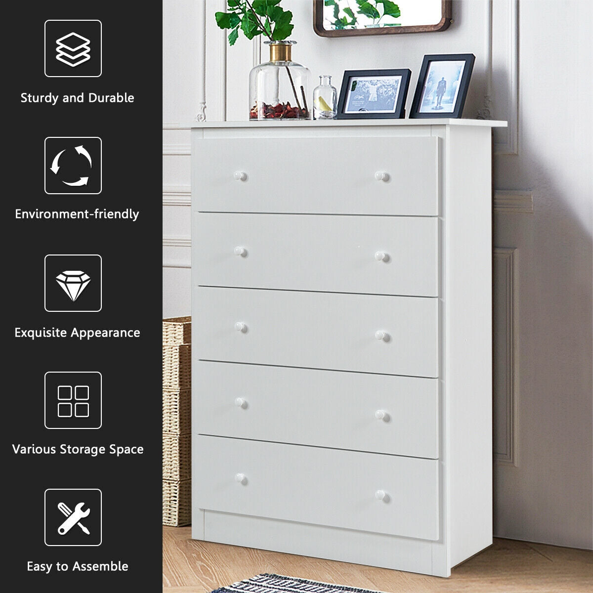 5-Drawer Dresser - White (min order qty 2)-Dressers & Chests-DECOROLALA