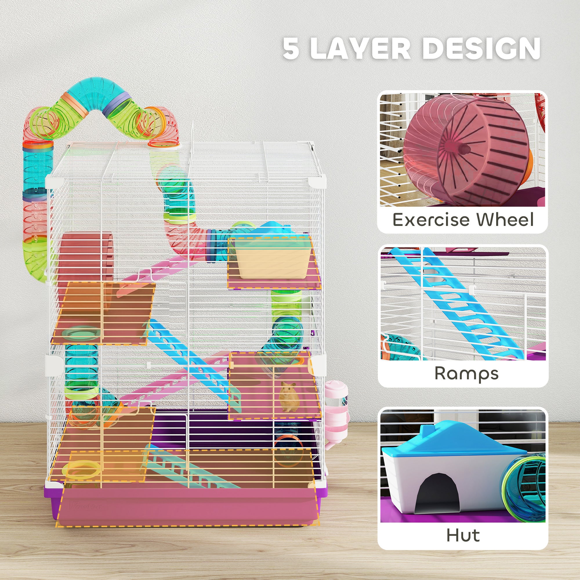 5 Tiers Hamster Cage Portable with Exercise Wheels Play Tube Water Bottle Dishes House Ladder for Gerbils, Purple