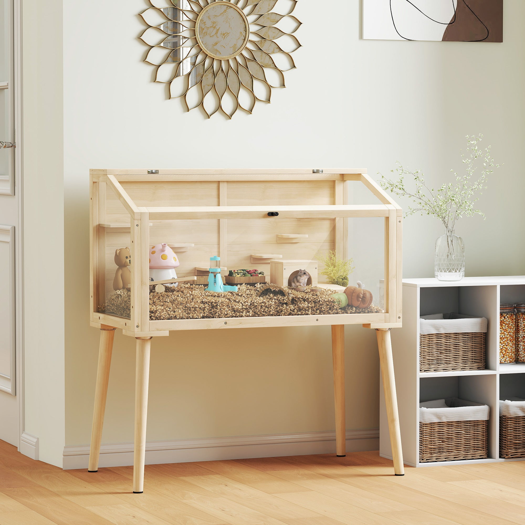 Wooden Hamster Cage, Hamster Habitat with Openable Top, Seesaws, Platforms, Water Bottle for Gerbils, 43.3"x20.5"x39.8"