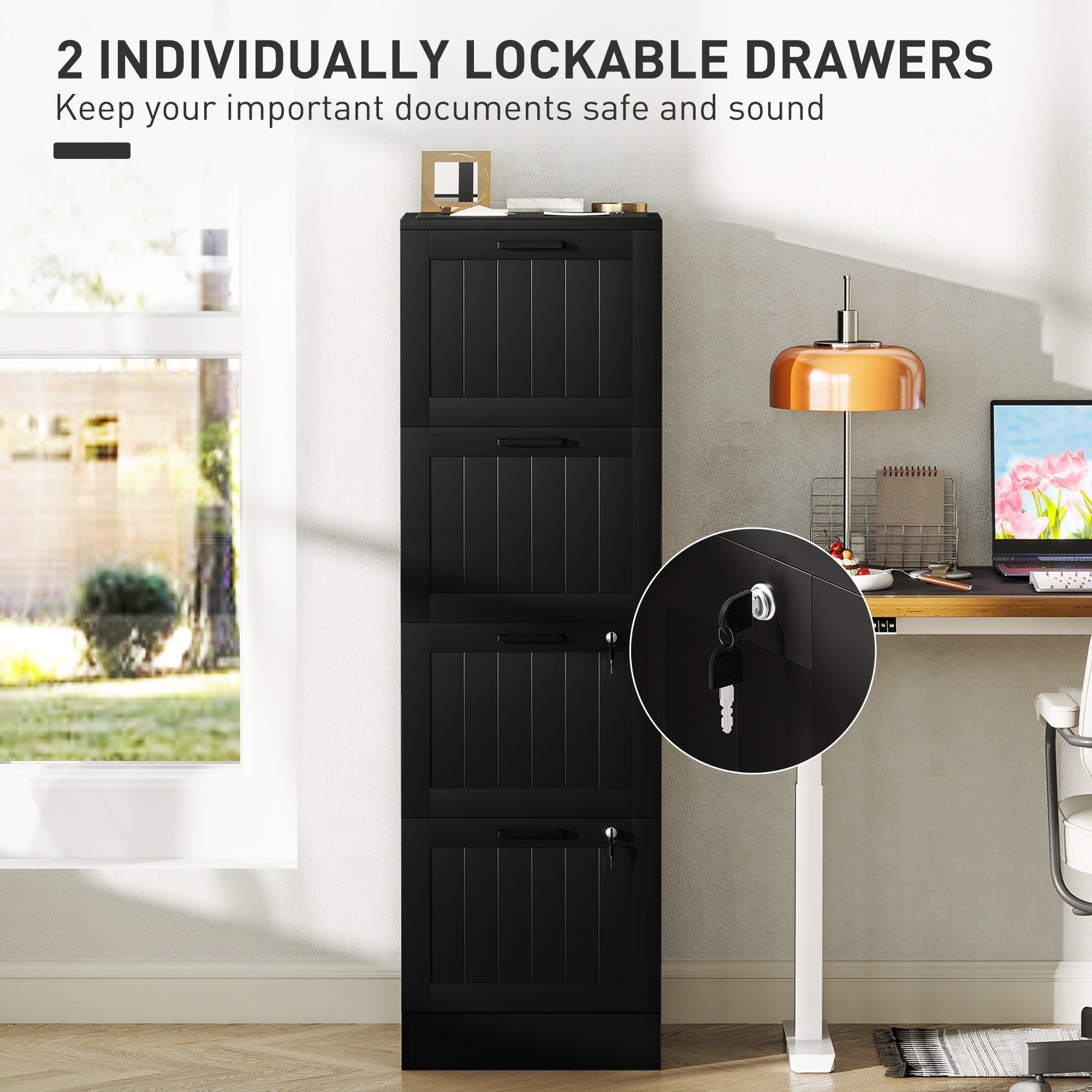 4-Drawer Locking Filing Cabinet - Black MDF 52" H