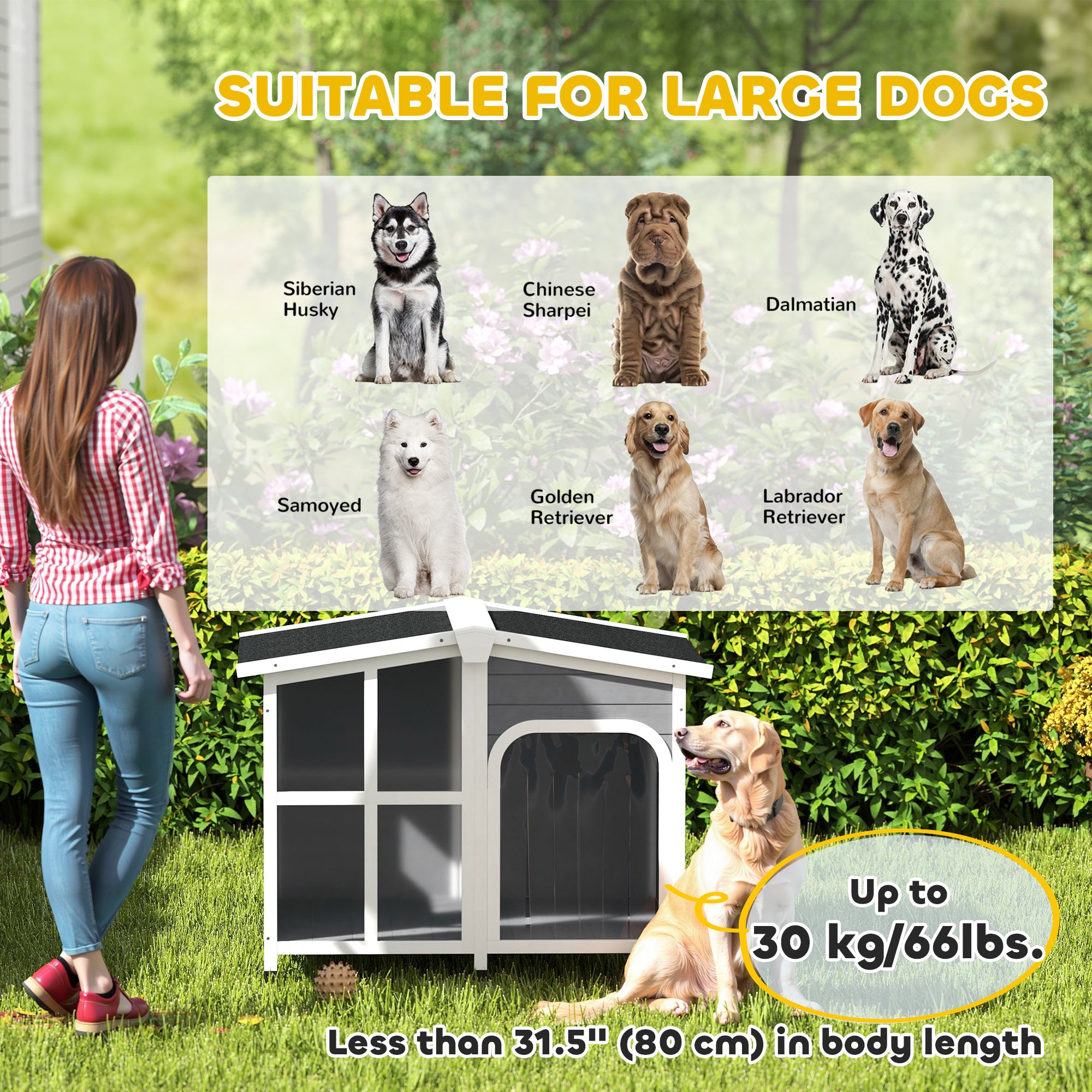 Niche pour chien en bois, chenil surélevé avec fond amovible, toit en asphalte ouvrable, rideau de porte, fenêtres latérales, gris foncé
