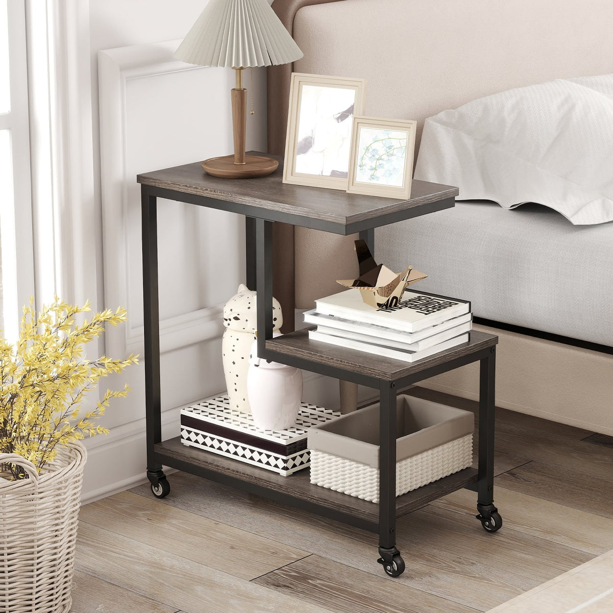 G-shaped Side Table 3-Tier Mobile End Table with Open Shelves-Gray-End & Side Tables-DECOROLALA