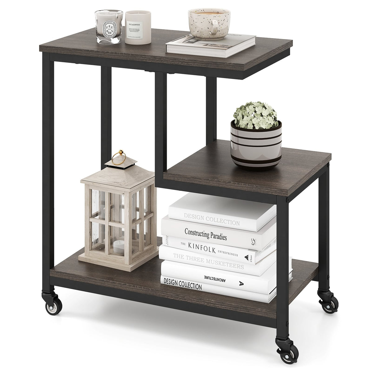 G-shaped Side Table 3-Tier Mobile End Table with Open Shelves-Gray-End & Side Tables-DECOROLALA