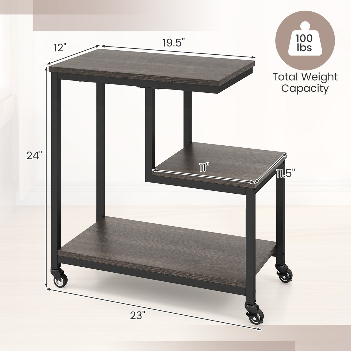 G-shaped Side Table 3-Tier Mobile End Table with Open Shelves-Gray-End & Side Tables-DECOROLALA