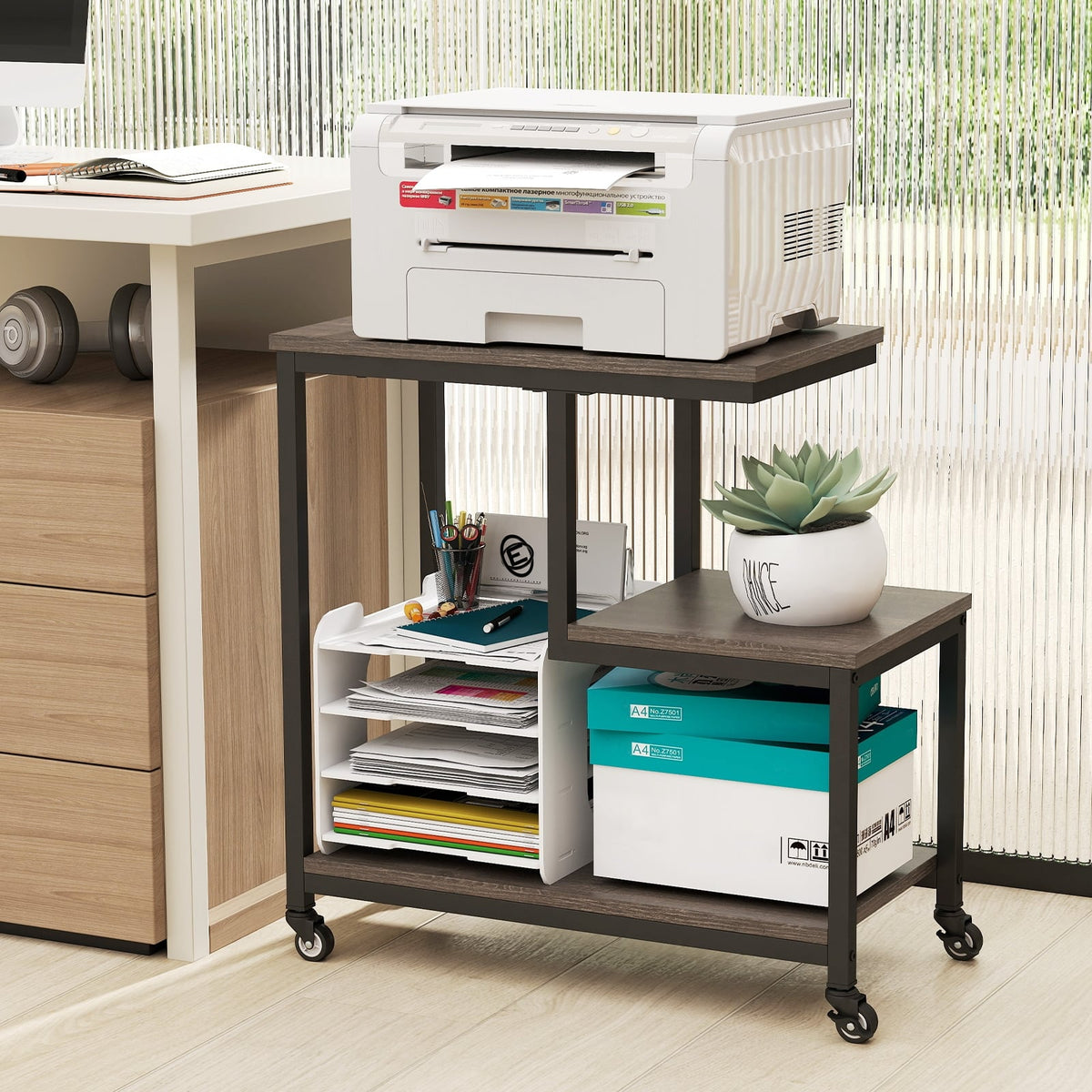 G-shaped Side Table 3-Tier Mobile End Table with Open Shelves-Gray-End & Side Tables-DECOROLALA