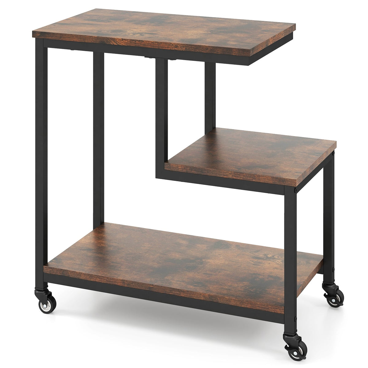 G-shaped Side Table 3-Tier Mobile End Table with Open Shelves-Rustic Brown-End & Side Tables-DECOROLALA