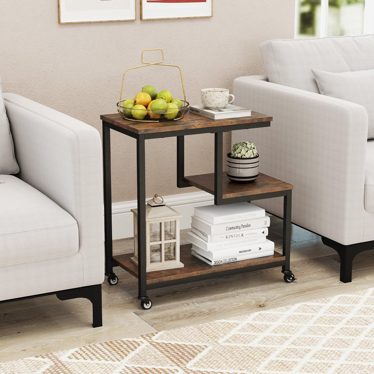 G-shaped Side Table 3-Tier Mobile End Table with Open Shelves-Rustic Brown-End & Side Tables-DECOROLALA