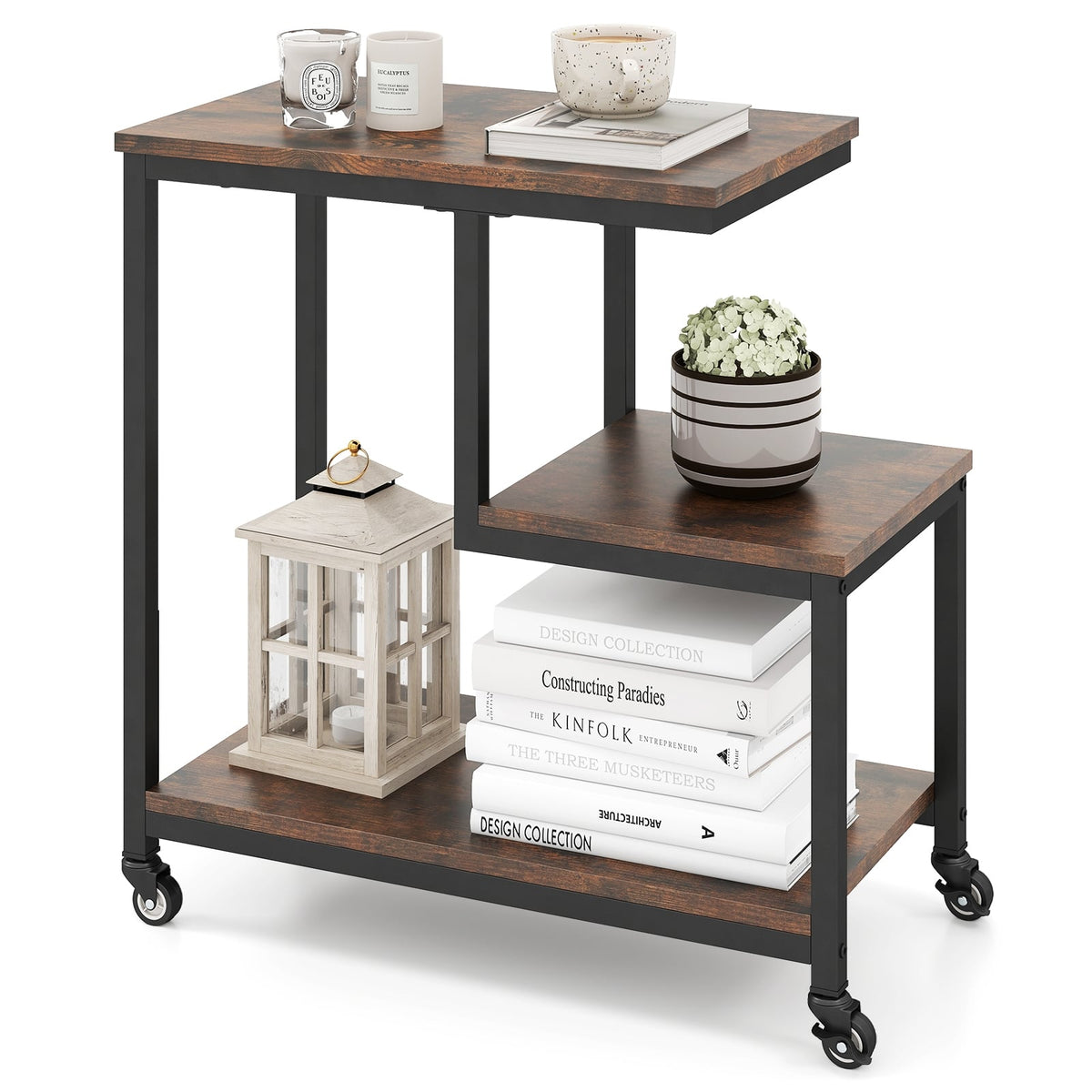 G-shaped Side Table 3-Tier Mobile End Table with Open Shelves-Rustic Brown-End & Side Tables-DECOROLALA
