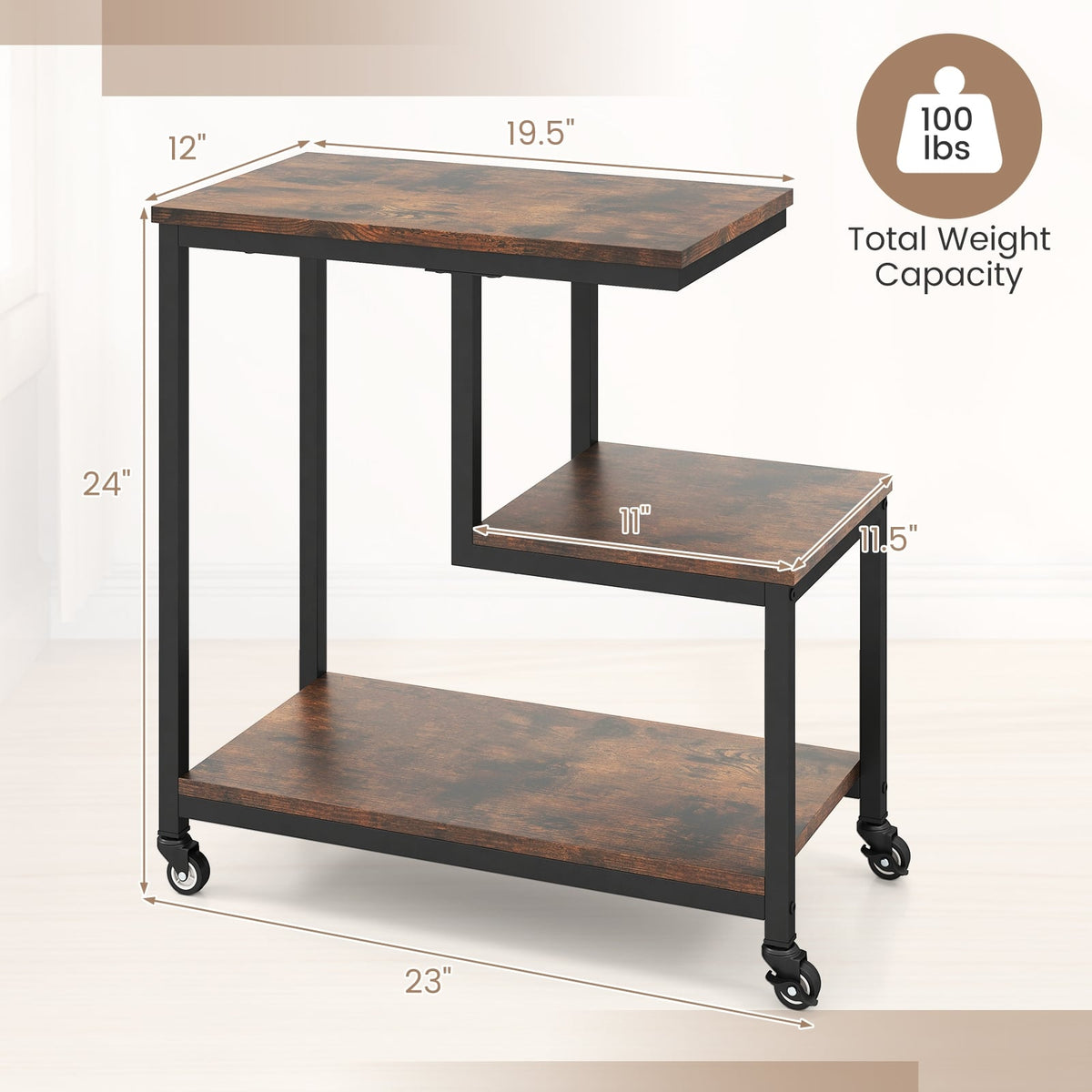 G-shaped Side Table 3-Tier Mobile End Table with Open Shelves-Rustic Brown-End & Side Tables-DECOROLALA