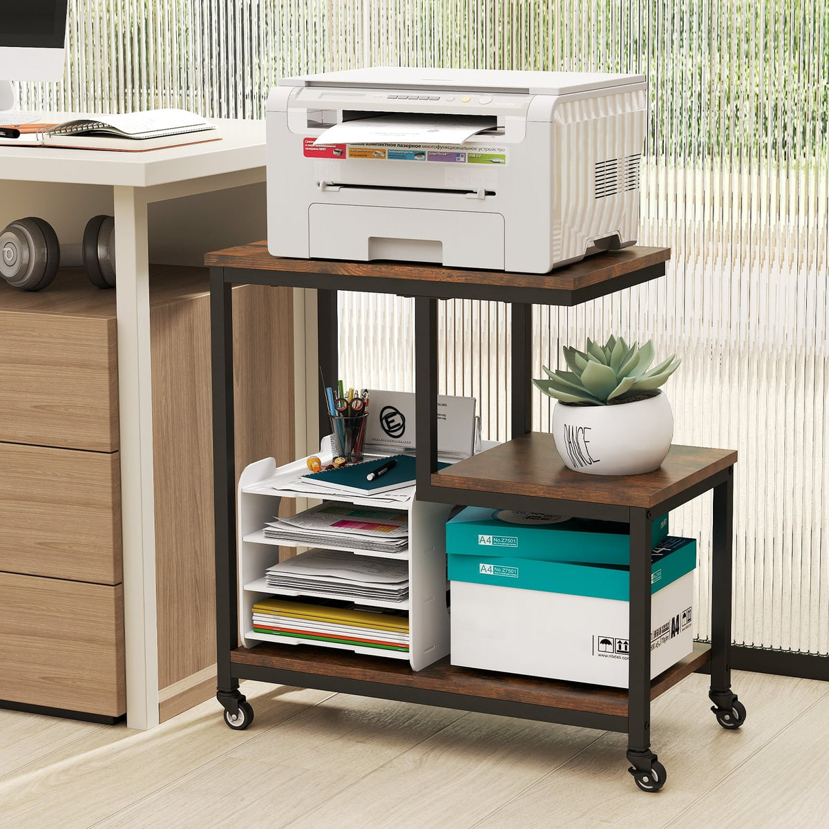 G-shaped Side Table 3-Tier Mobile End Table with Open Shelves-Rustic Brown-End & Side Tables-DECOROLALA