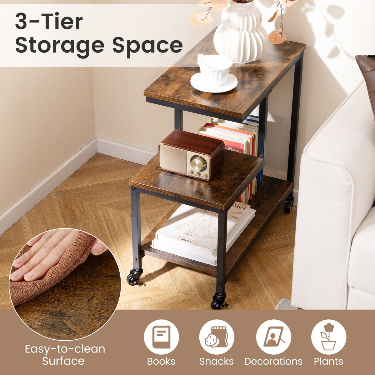 G-shaped Side Table 3-Tier Mobile End Table with Open Shelves-Rustic Brown-End & Side Tables-DECOROLALA