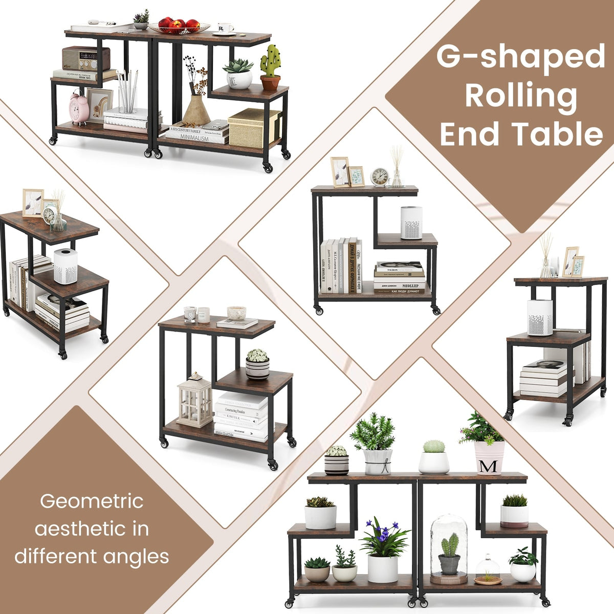 G-shaped Side Table 3-Tier Mobile End Table with Open Shelves-Rustic Brown-End & Side Tables-DECOROLALA