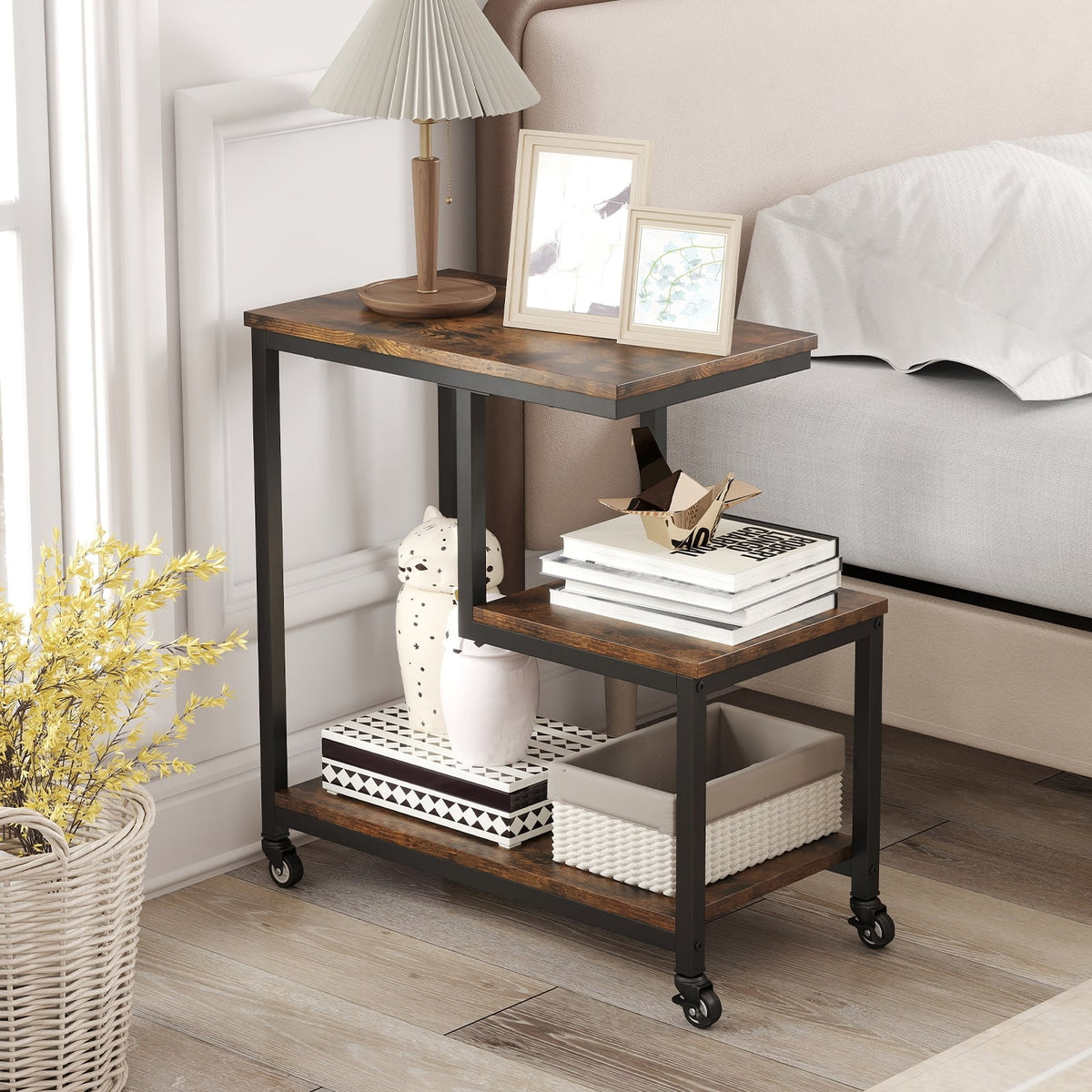G-shaped Side Table 3-Tier Mobile End Table with Open Shelves-Rustic Brown-End & Side Tables-DECOROLALA