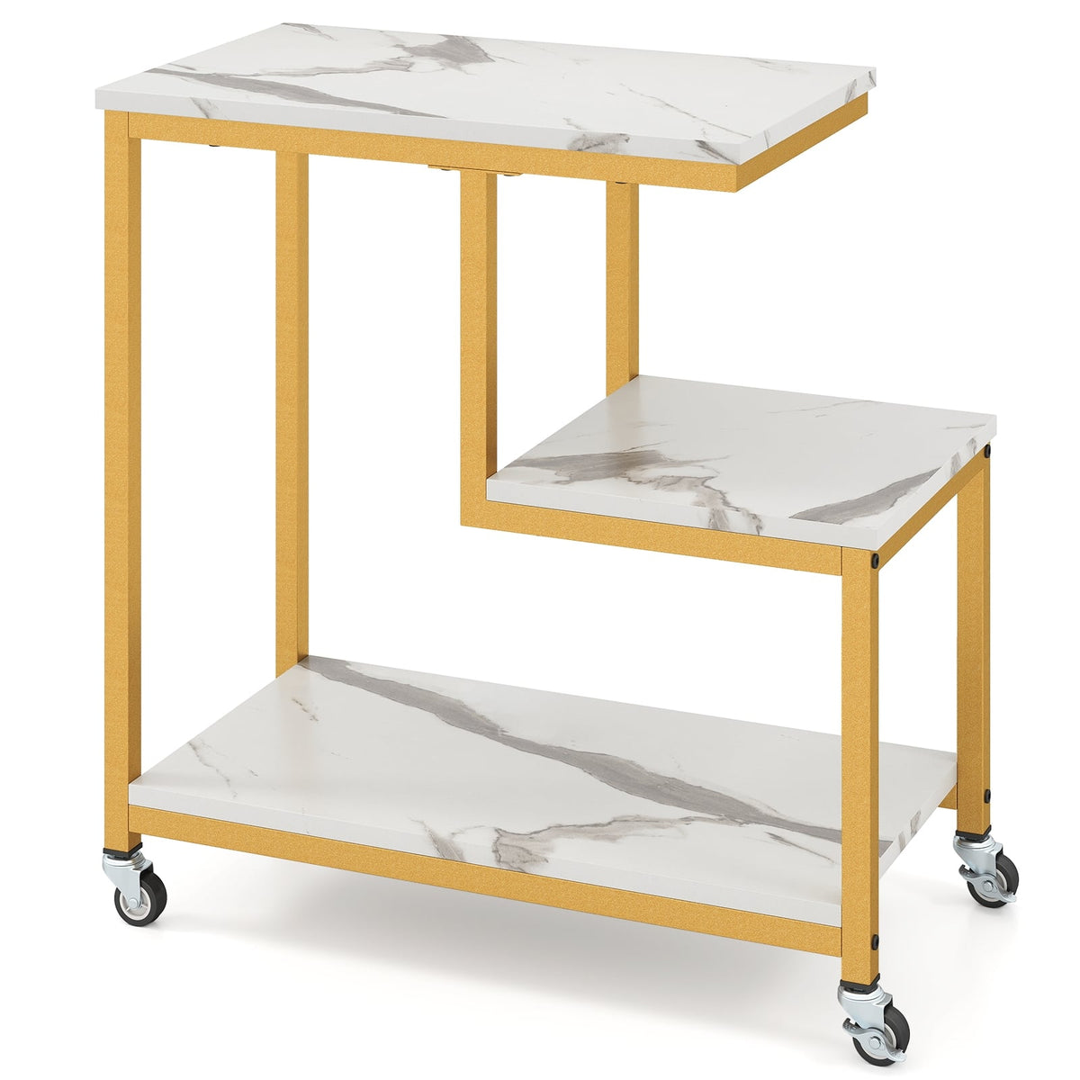 G-shaped Side Table 3-Tier Mobile End Table with Open Shelves-White-End & Side Tables-DECOROLALA