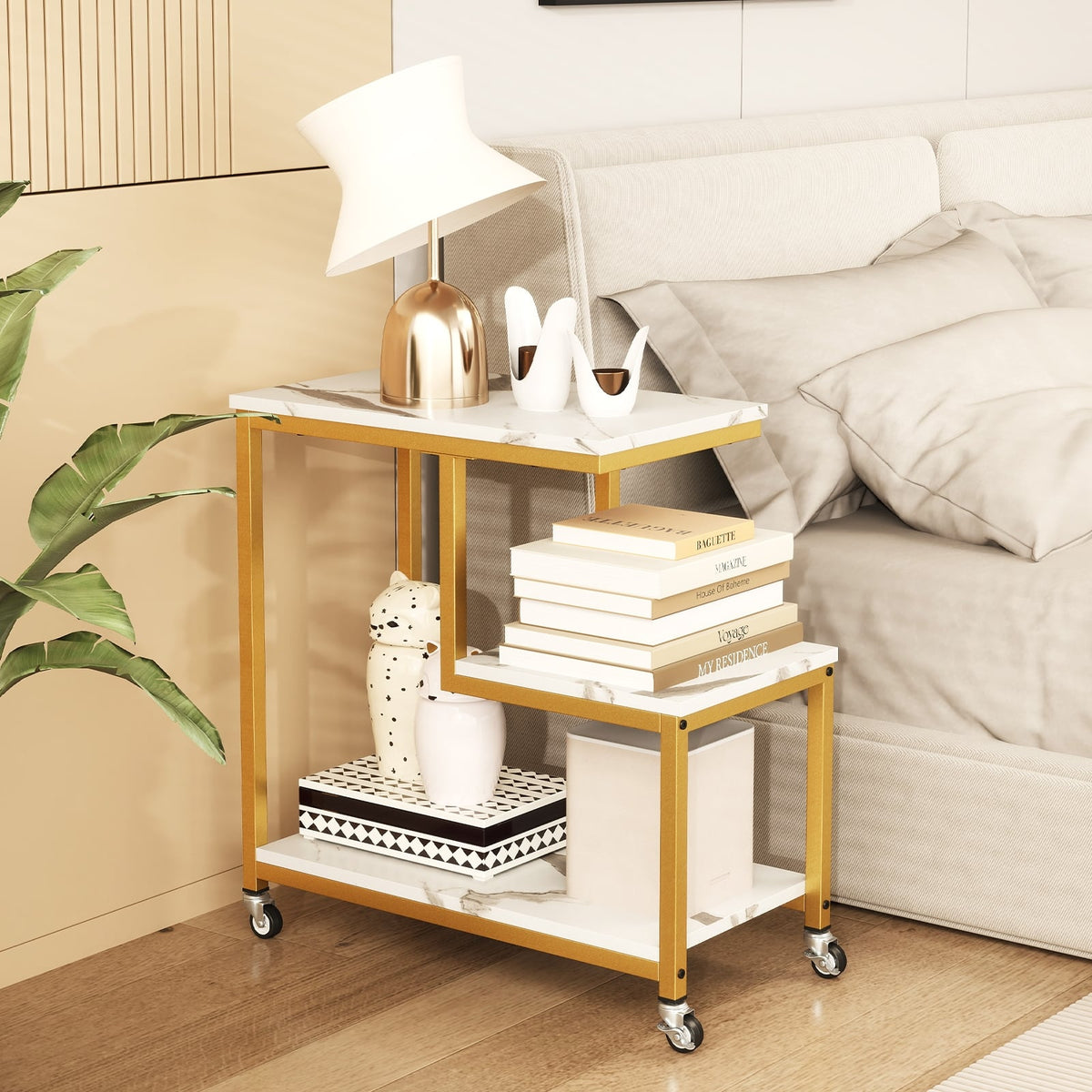 G-shaped Side Table 3-Tier Mobile End Table with Open Shelves-White-End & Side Tables-DECOROLALA