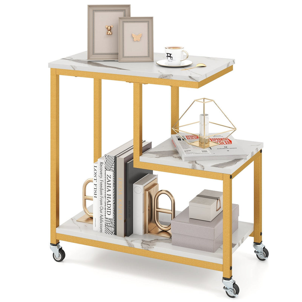 G-shaped Side Table 3-Tier Mobile End Table with Open Shelves-White-End & Side Tables-DECOROLALA