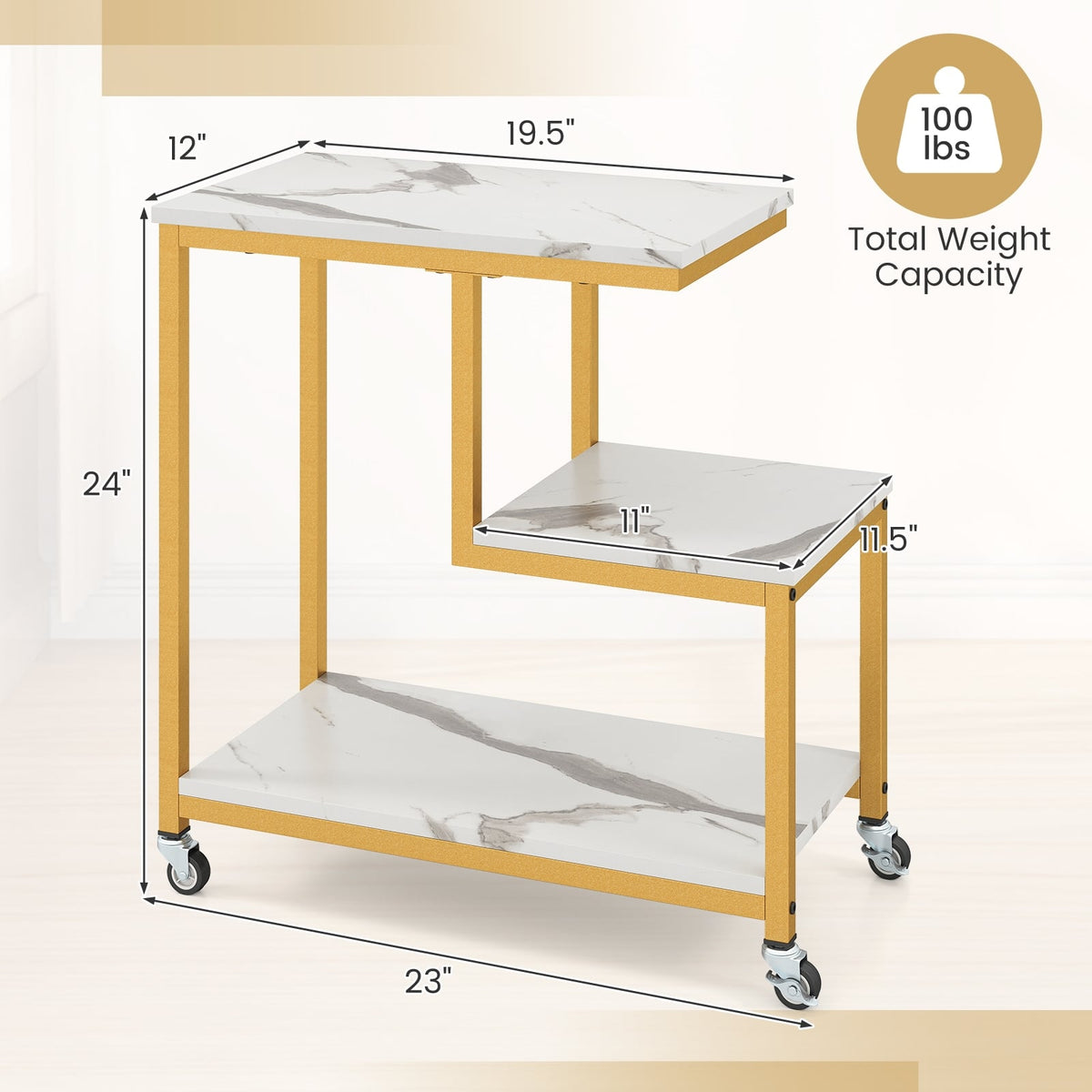 G-shaped Side Table 3-Tier Mobile End Table with Open Shelves-White-End & Side Tables-DECOROLALA