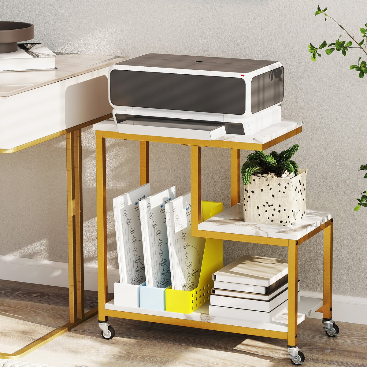 G-shaped Side Table 3-Tier Mobile End Table with Open Shelves-White-End & Side Tables-DECOROLALA