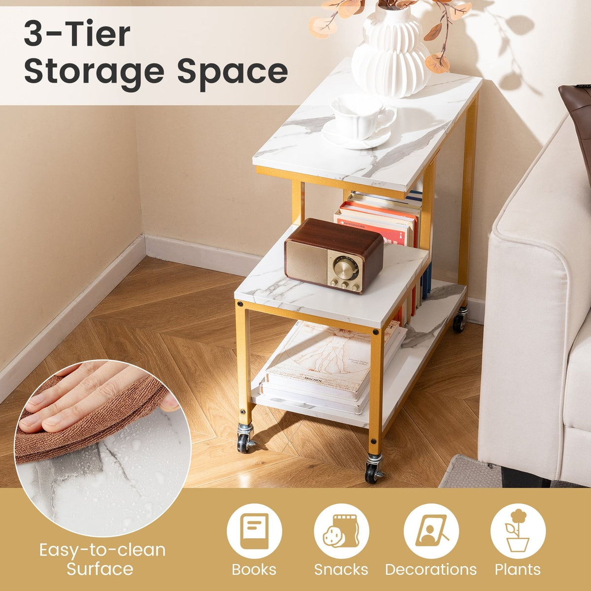 G-shaped Side Table 3-Tier Mobile End Table with Open Shelves-White-End & Side Tables-DECOROLALA