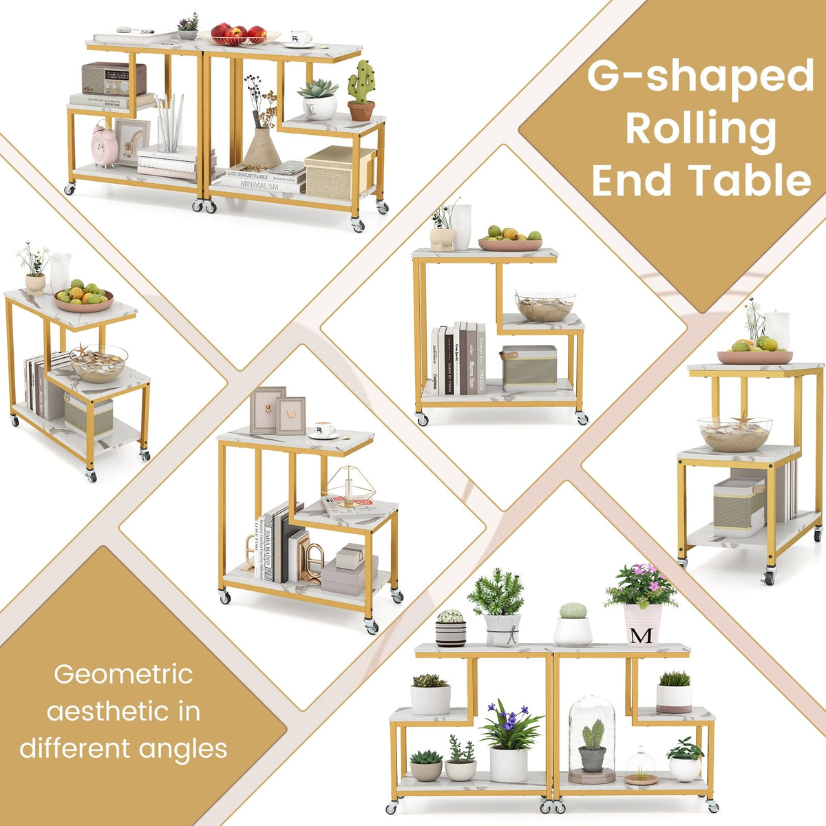 G-shaped Side Table 3-Tier Mobile End Table with Open Shelves-White-End & Side Tables-DECOROLALA