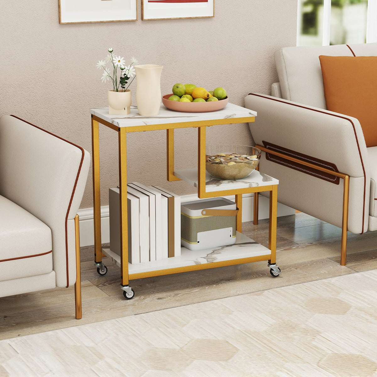 G-shaped Side Table 3-Tier Mobile End Table with Open Shelves-White-End & Side Tables-DECOROLALA