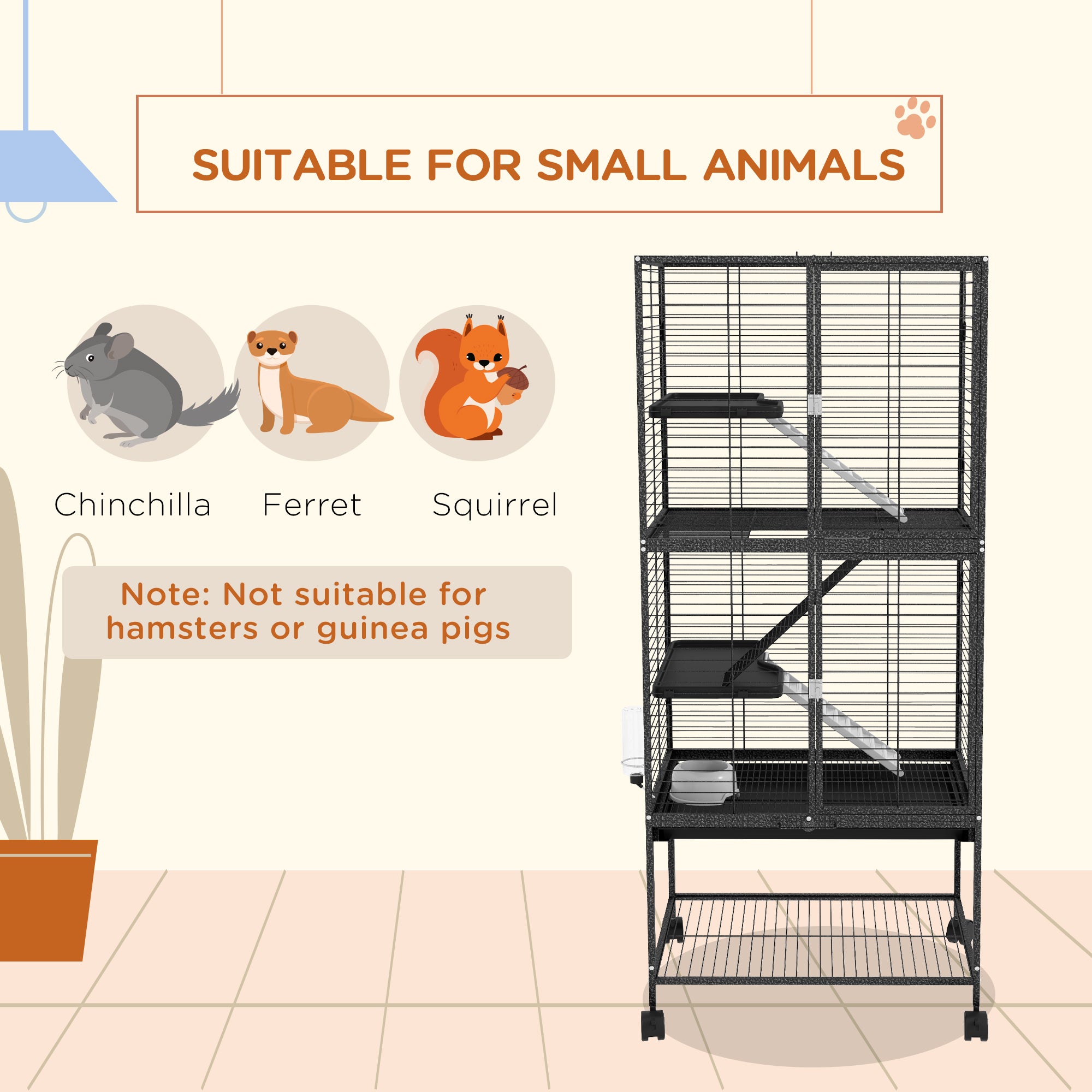 Rolling Small Animal Cage 53.5"H Chinchilla Cage for Ferrets, Squirrels w/ Removable Tray, Storage Shelf, Dark Grey