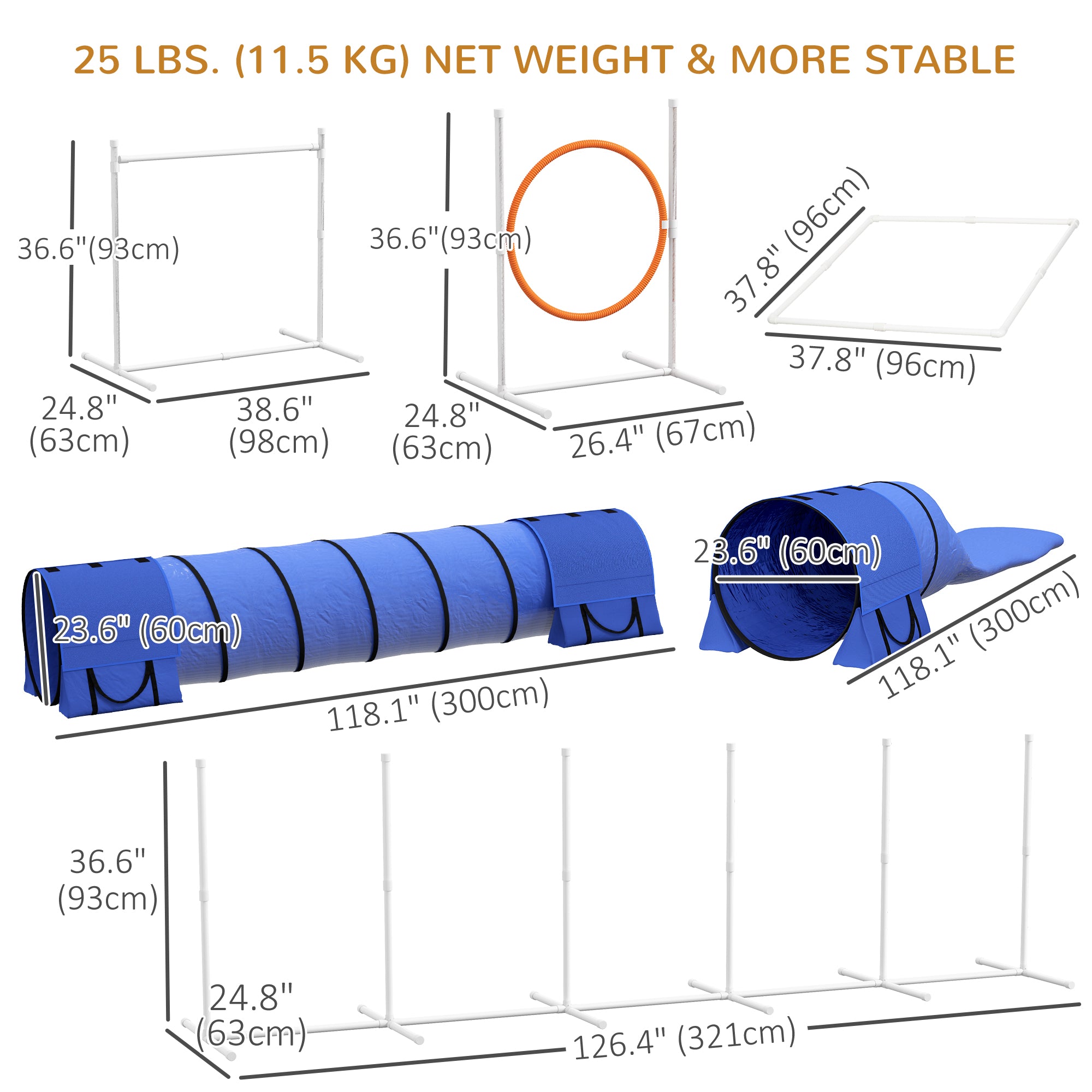 Kit d’agilité pour chien de 7 pièces avec tunnels, poteaux de slalom, haies réglables, anneau de saut, boîte de pause, sifflet et sac de transport, bleu